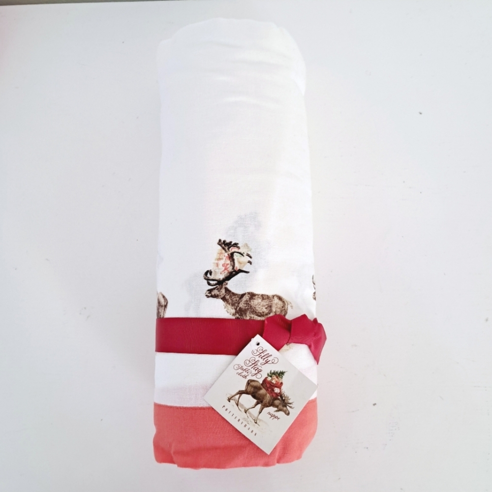 Pottery Barn Christmas Silly Stag Tablecloth 70x108 Cotton Linen Holiday NEW
